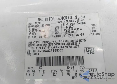 2003 Ford Ranger Edge/Xl/Xlt from USA, damaged, VIN 1FTYR10U83PB68563